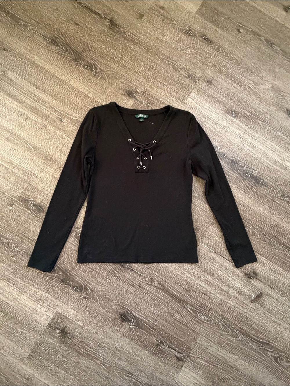 Ralph Lauren Black Lace-Up V-Neck Long Sleeve Tee